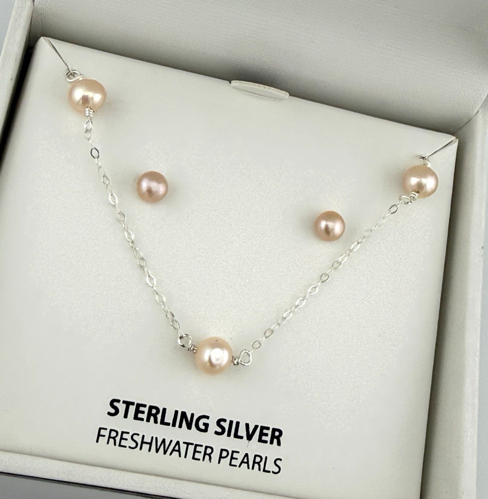 Freshwater Pearl Necklace + Earrings Set Sterling Silver 6mm 3 Pearl Station NEW